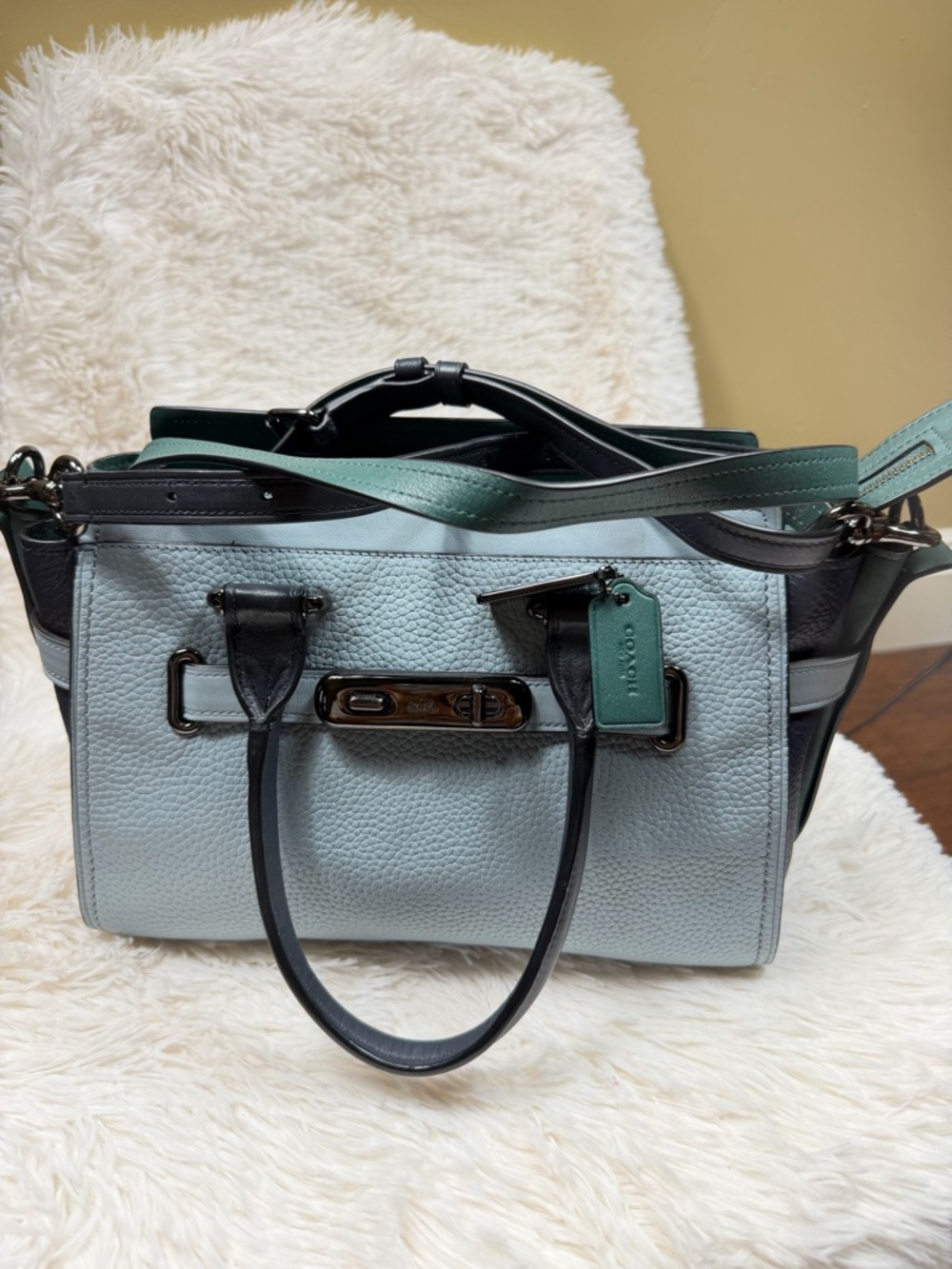 Coach Swagger 27 Pebble Leather Satchel in Mint and Black Trim
